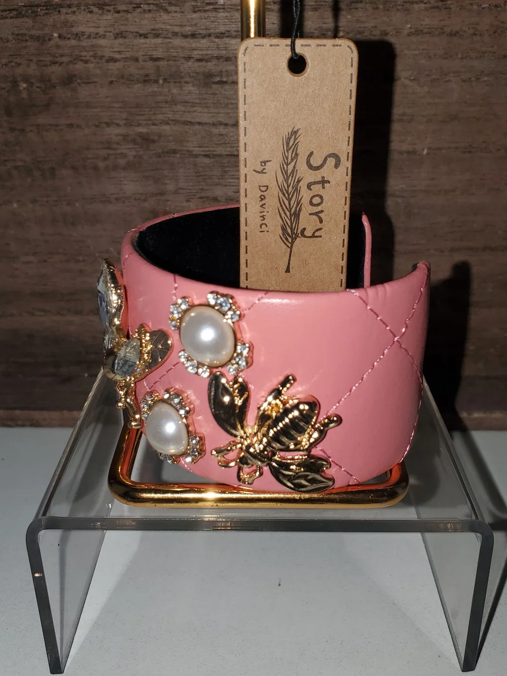 Pink Quilted Cuff Bracelet with Gold & Pearl Embellishments